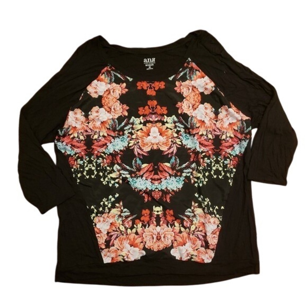 A.n.a womens plus 2x‎ black floral satin front baseball shirt top blouse